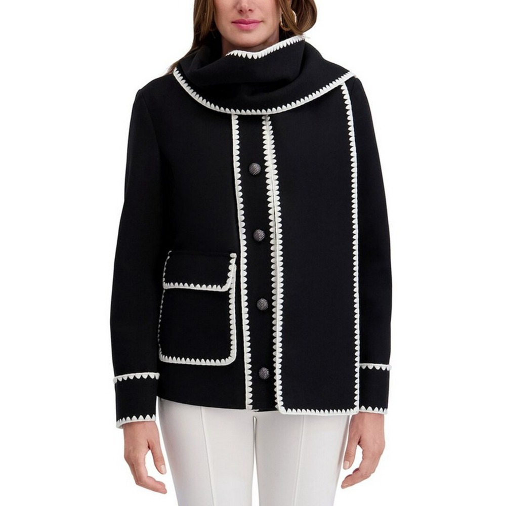 Kensie Womens Black Scarf Jacket Blazer White Whipstitch Trim KC52P142 Small